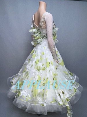 社交ダンス ドレス　スタンダード　モダンドレス　ホワイト（花柄）　L　デモ・競技用ドレス　発表会衣装　パーティドレス　ワンピース　舞台衣装