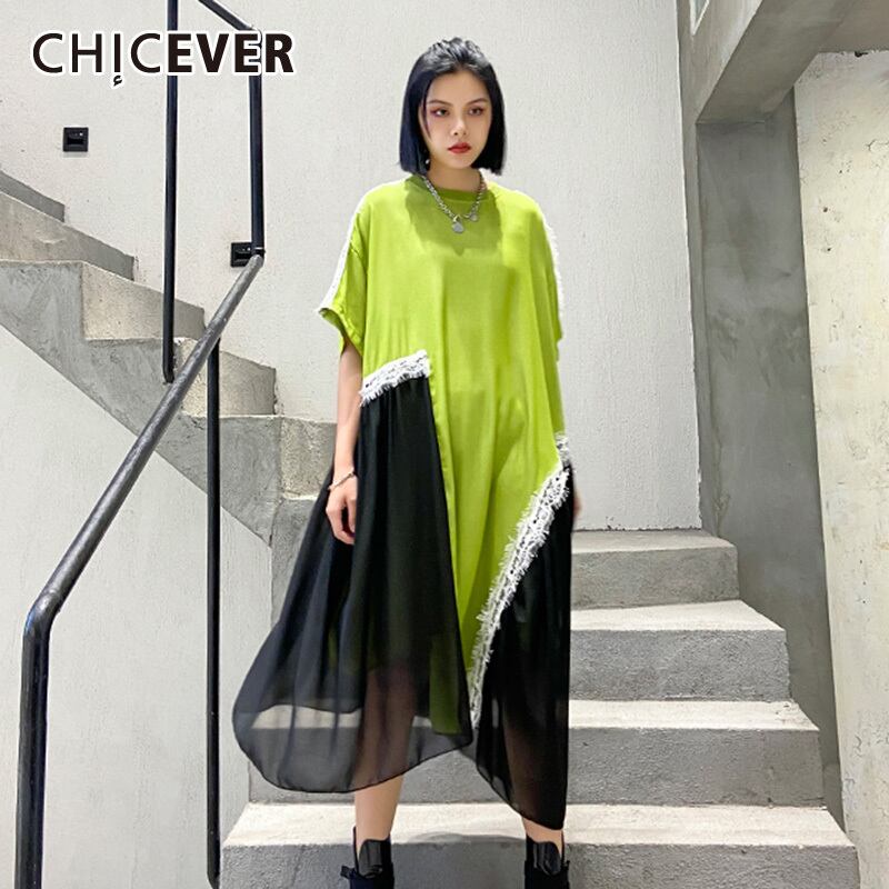 CHICEVER刺繡パッチワークヒットカラードレス女性OネックバットウィングスリーブTel特大ドレス2020夏 刺繍 サマー 夏物 6base524889882184