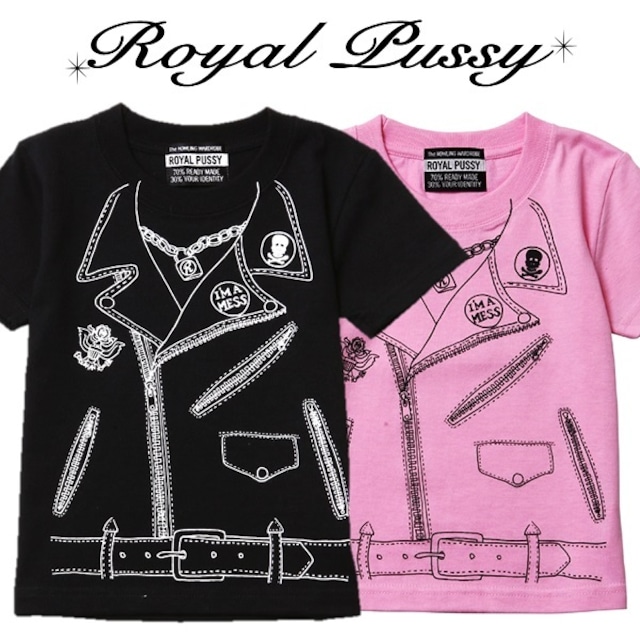 ROYAL PUSSY / ロイヤルプッシー「RIDERS GIMMICK KIDS TEE」Ｔシャツ キッズ 子供用 黒 ブラック ピンク ライダース 120サイズ シド・ヴィシャス ロック パンク バンド 川村カオリ ギフト ラッピング無料 ステージ衣装 Rogia