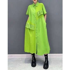GREEN ASYMMETRIC STITCH HALF SLEEVES A-LINE MIDI SHIRT DRESS 1color M-9646