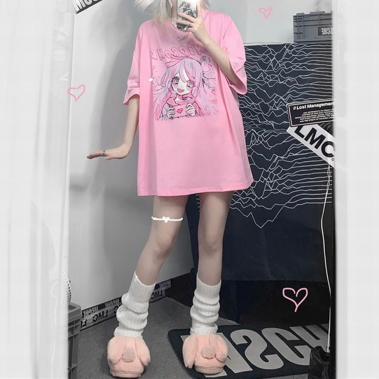 pium teddy friends オーバーサイズロングTシャツ 地雷 ピンク pium teddy friends オーバーサイズロングTシャツ 地雷 ピンク