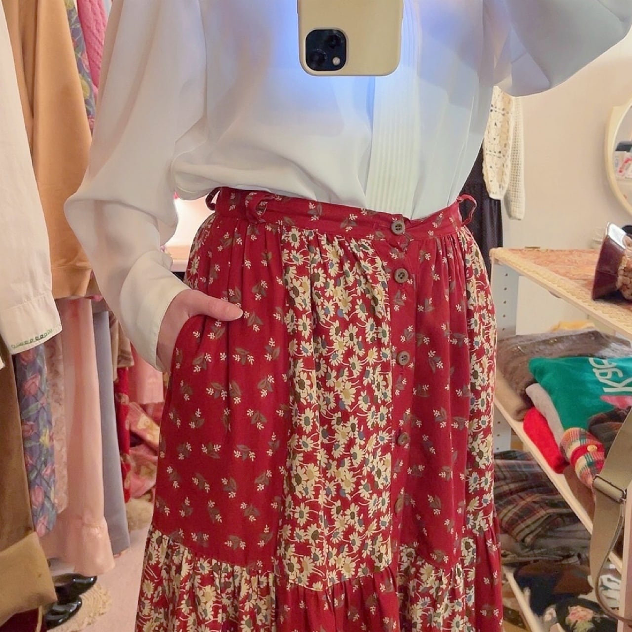 red flower patchwork tiered skirt