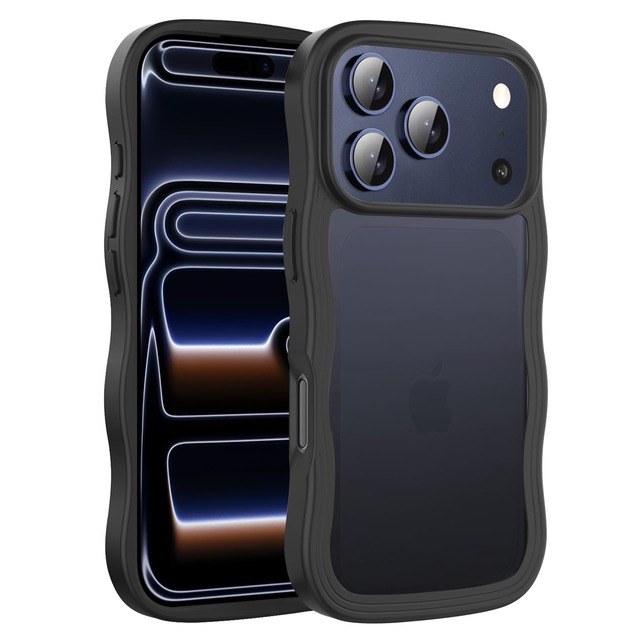 [TEELOFU] iPhone 18 Pro ケース iPhone17 Pro カバー ウェーブ かわいい 波状フレーム おしゃれ 韓国 可愛い 耐衝撃 人気 カバー スレ傷防止 滑り止め ワイヤレス充電対応 ストラップホール付き アイフォン 18 Pro ケース 半透明マット ハードPCバック(ブラック)