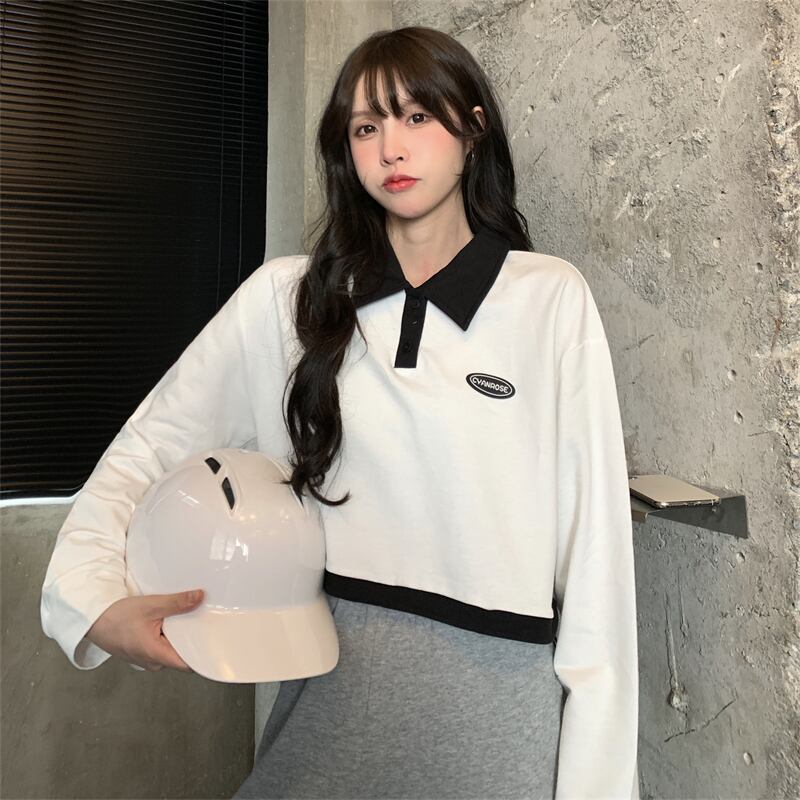 あっという間 オルチャン コーデ 韓国っぽ クレリックシャツ ポロシャツ バイカラー ポロ襟 ブラック クロップド丈 長袖 襟付き シャツ カジュアル スクールガール Lamitte Deco トレンド 韓国ファッション ショップ Base店