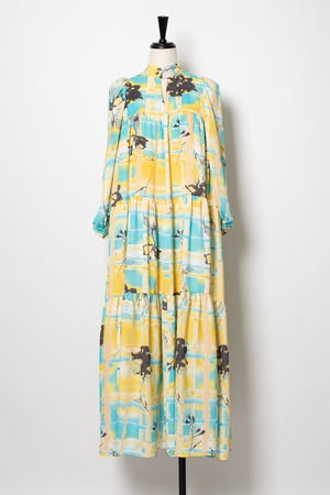 Twilight Flower Check Print Tired Dress　YELLOW