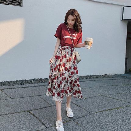 セットアップ レディース Tシャツ フレアスカート ミモレ丈 半袖 柄 花