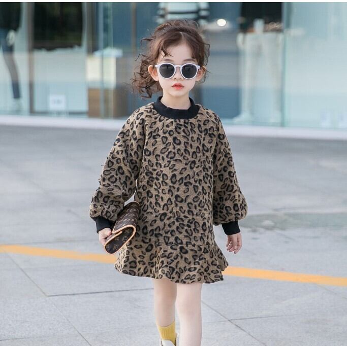 110 170cm レオパード柄 裾フレア ミニ丈 ワンピース 派手カワ 裏起毛 A Dear Child