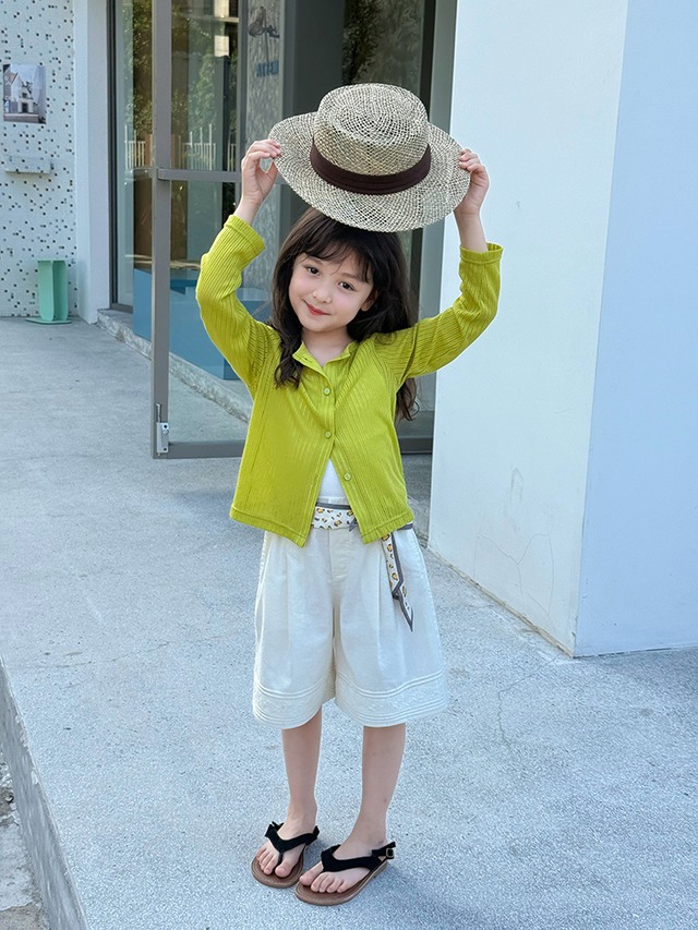 【KID】女の子シンプル無地リボンリブサマーカーディガン - 19