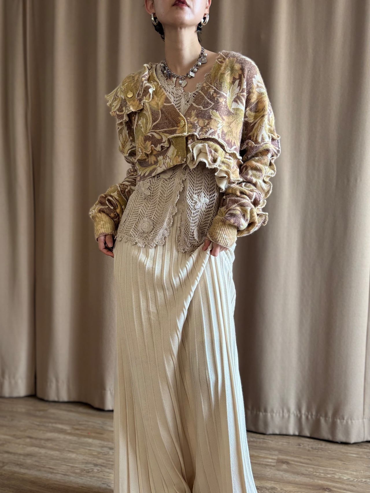 floral pattern frill remake knit cardigan-5152-2