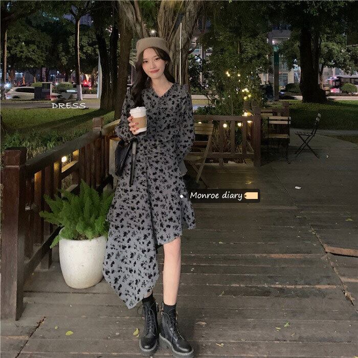 フローラルドレス オータムウィンタースカート ウェスト薄手ロング 秋物 冬物 花柄 モンロー89496542654