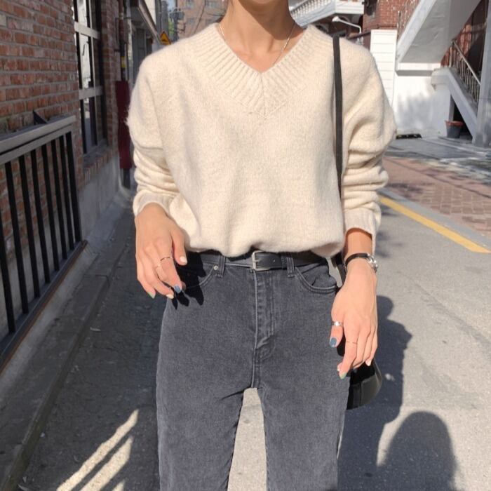 秋冬プルオーバーVネック怠惰なカレッジスタイルのセーター女性2020新バージョンルーズシンソリッドカラーセーターイン クレセントシティ33547673145