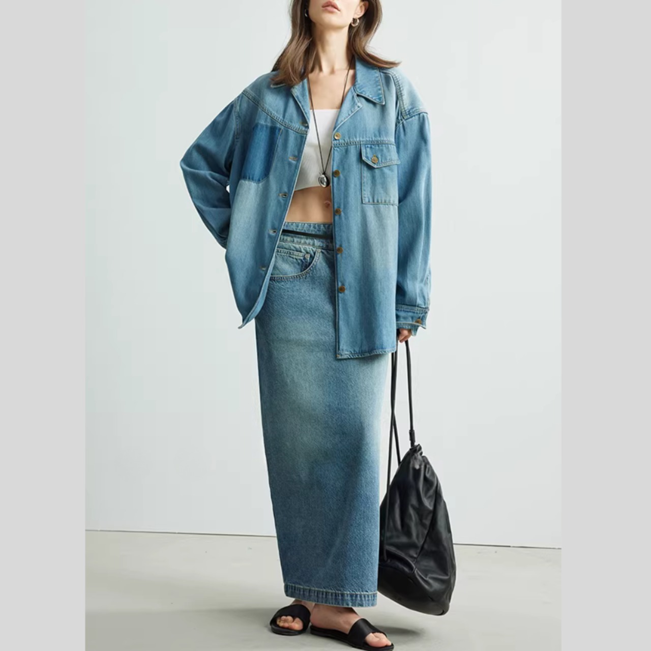 アシンメトリー サイドスリット マキシ丈 デニムスカート 00161・画像10