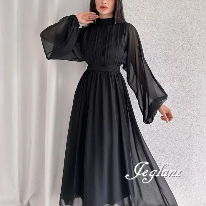 ワンピース ドレス モックネック 肌透け Aライン きれいめ 5色 ♪(M5904)γα