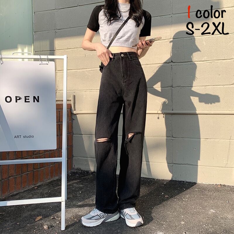 ワイドレッグ ジーンズ ダメージ デニム カジュアル 韓国 hr9114 デニムパンツ カジュアルパンツ ジーンズ ワイドレッグパンツ