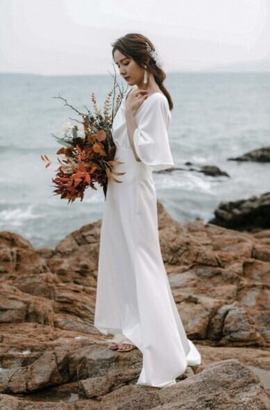 ェディングドレス 袖あり オフショルダー 二次会 披露宴 後撮り ビーチ  