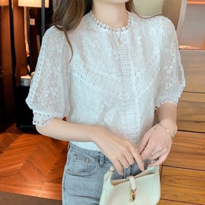 レディース トップス シャツ ブラウス 半袖 パフスリーブ レース スウィートブラウス シフォンシャツ レース 刺繍 きれいめ 大人 上品 おしゃれ 大人女子 エレガント 存在感 春 夏 通勤 デート お出かけ 休日 旅行 普段使い 韓国 スタイル 体系カバー 送料無料 S M L XL ホワイト