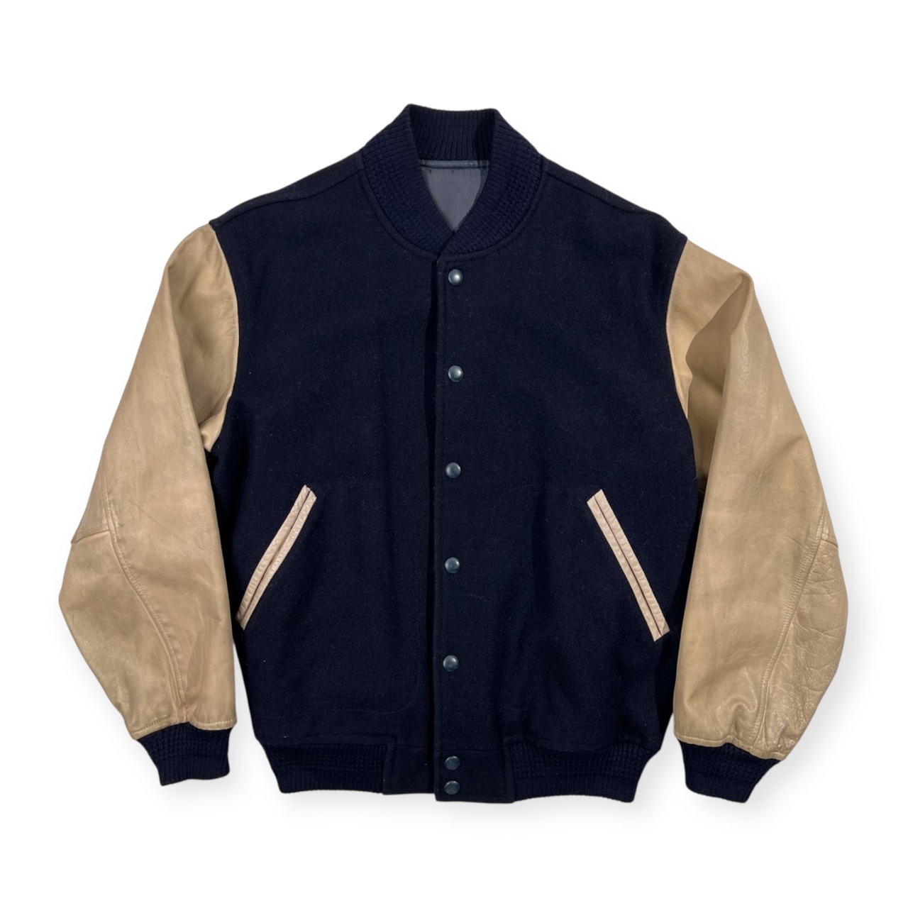 70s 当時物 VAN JAC ヴァンヂャケット SPORTSWEAR SPECIALIST 袖革 レザー スタジャン サイズ L /ネイビー×ベージュ系/ビンテージ