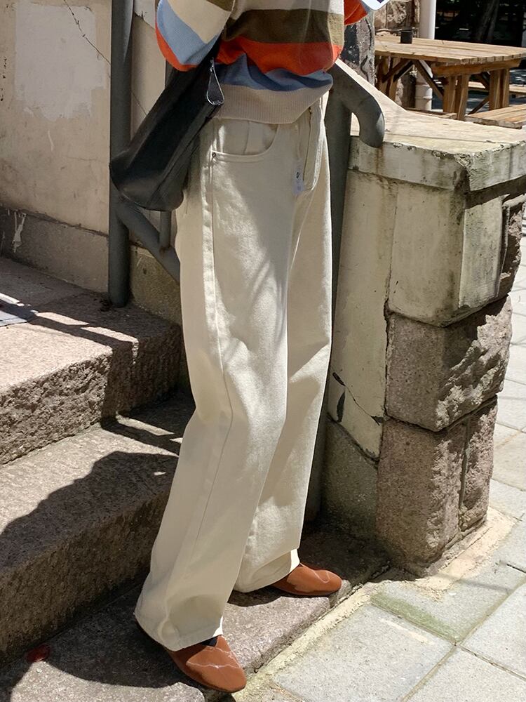 ワイドレッグジーンズ オータムホワイト薄手ルーズウェストパンツ レッド 秋物 ワイドパンツ ビッグFスモールZ韓国44622887862