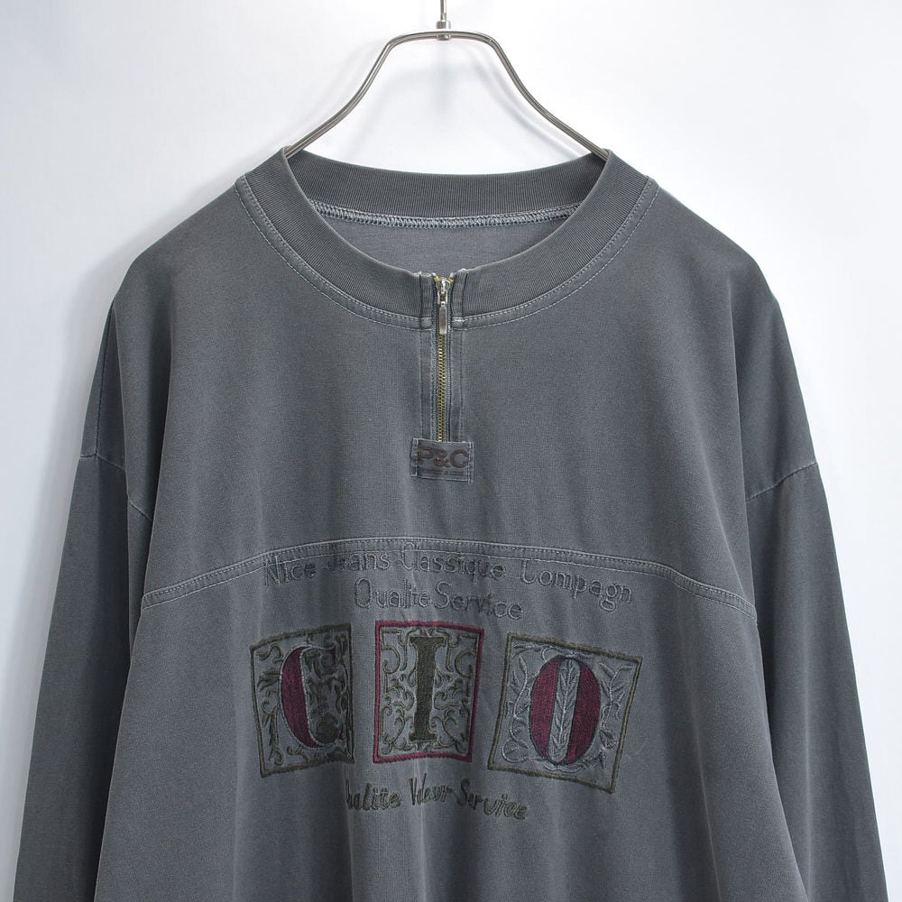 90~00s P&C ロゴ ボタニカル刺繍 デザイン 後染め ハーフジップ 刺繍 ロンT カットソー スミクロ グッドフェード チャコールグレー ジャパンヴィンテージ ビンテージ 古着 メンズXL相当