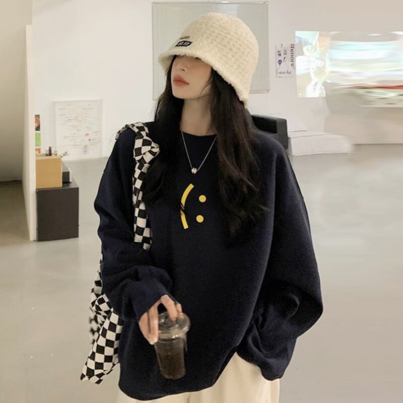 ラウンドネックセーター スプリングオータム薄手ルーズスタイルトップス 春物 秋物 Oネック 試着室20025663069