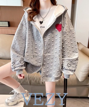 ジップパーカー春秋スウェット ゆったり 前開き フード付きトレーナー エンボス加工 ゆるアウター韓国 長袖トップス フーディー体型カバーライトアウター パーカー トレーナー ベジー VEZY ItemNo.【20304230 】