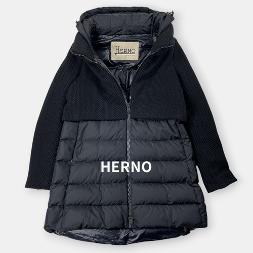 HERNO ヘルノ 20AW ウール ナイロン 異素材 切り替え ハイブリッド ダウンコート PI0822D ブラック 黒 42 / J&NREUSE レディース アウター