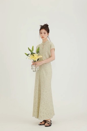 春の竹葉/Spring Bamboo グリーン ワンピース 夏物 袖付き 半袖 チャイナドレス ハイウエスト ラウンドネック ロングスカート