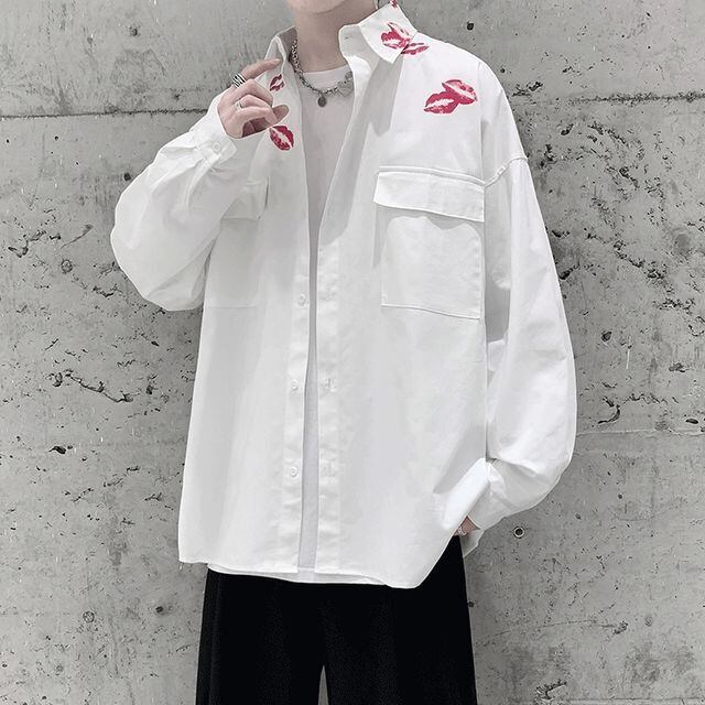 予約販売】シャツ 長袖 メンズ キスマーク kiss ホワイト ブラック