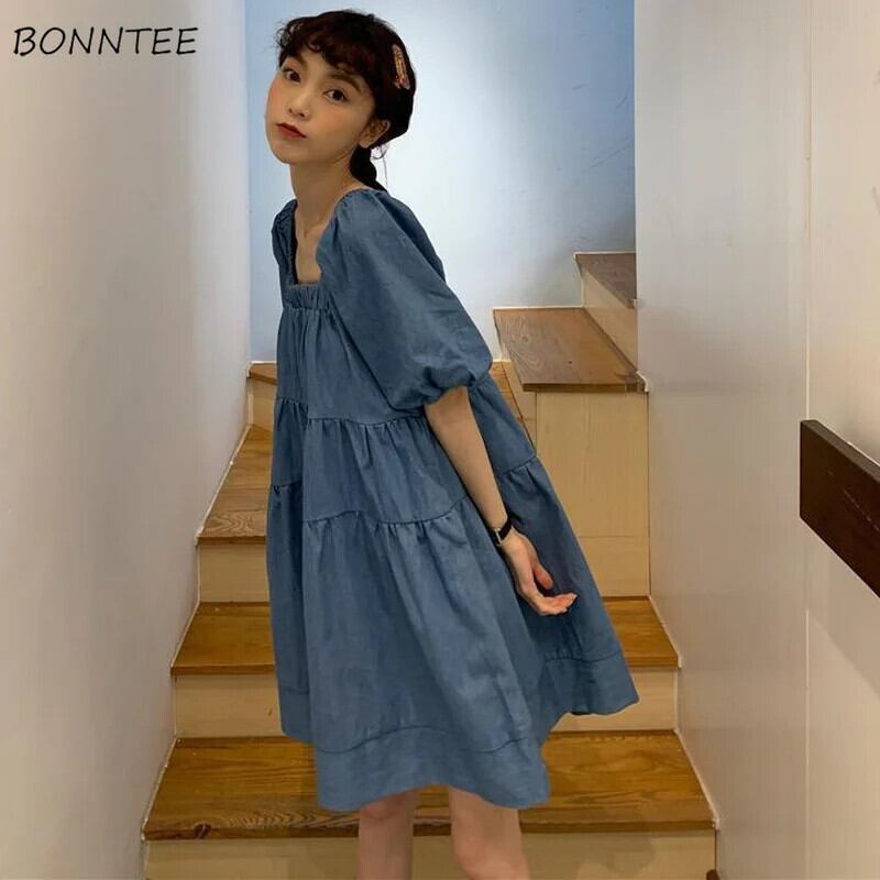 【新作】【送料無料】 ドレス女性カレッジ甘い服ピュアカラーファッション韓国レトロ夏デイリールーズシンプルなヴィンテージミニスクエアカラークラシック 0284282462368