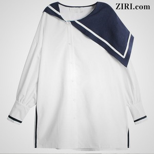 Ziri Com 2color ビッグサイズ セーラー服 Design 配色カラー ストリート カジュアル モード ロングtシャツ トップス ブラウス Ziri Com