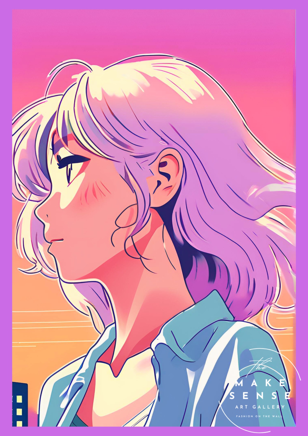 夕焼けグラデーションに佇む横顔アートポスター『Afterglow』｜ラベンダーヘアが映えるエモーショナルな一：｜A4ポスター