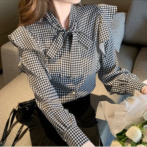 【送料無料】 ブラウス  千鳥格子  フェミニン  長袖  エレガント系  きれいめ  レディースファッション  可愛い  韓国  プチプライス  フリル  リボン  20代・30代  こなれ感  春  お出かけ・お呼ばれ・女子会・授業参観  ブラック  黒