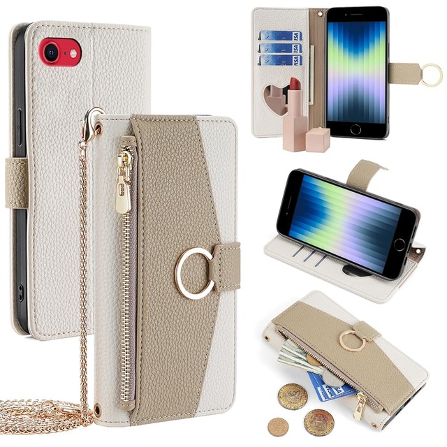 For iPhone SE3 ケース 手帳型 For iPhone SE2 ショルダー For iPhone8/For iPhone7 財布型 カバー 肩掛け 斜めがけ 化粧鏡付き 女性 おしゃれ ロングストラップ ジッパー小銭入れ カード収納 横置き 上質な手触り 耐汚れ気質 肌感レザー 防指紋 耐久性 贈り物 COCOCLOUD ホワイト, WJQ-se3-white