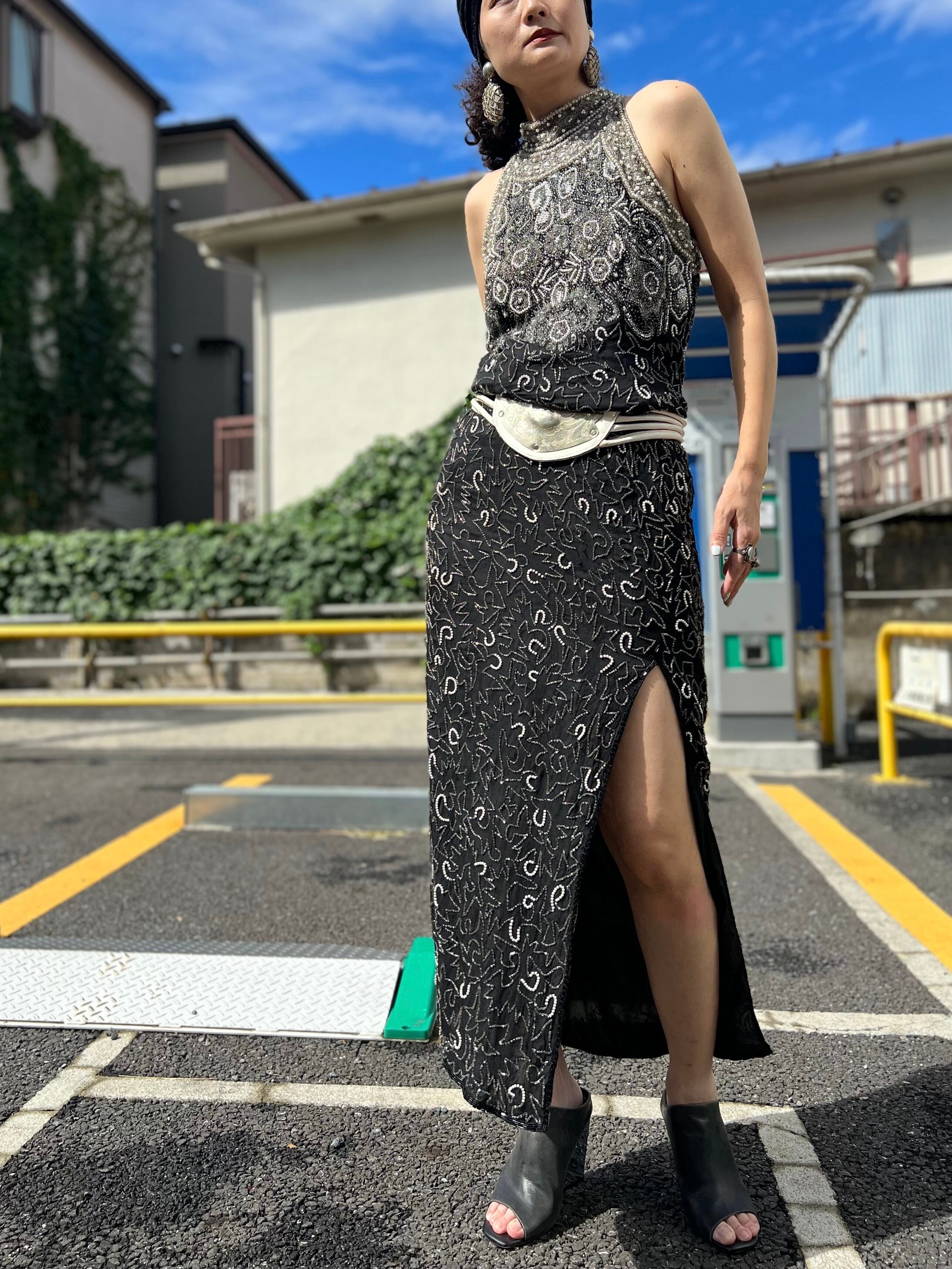 80s New York black × beads silk dress ( ヴィンテージ ニューヨーク ブラック × ビーズ シルク ワンピース )
