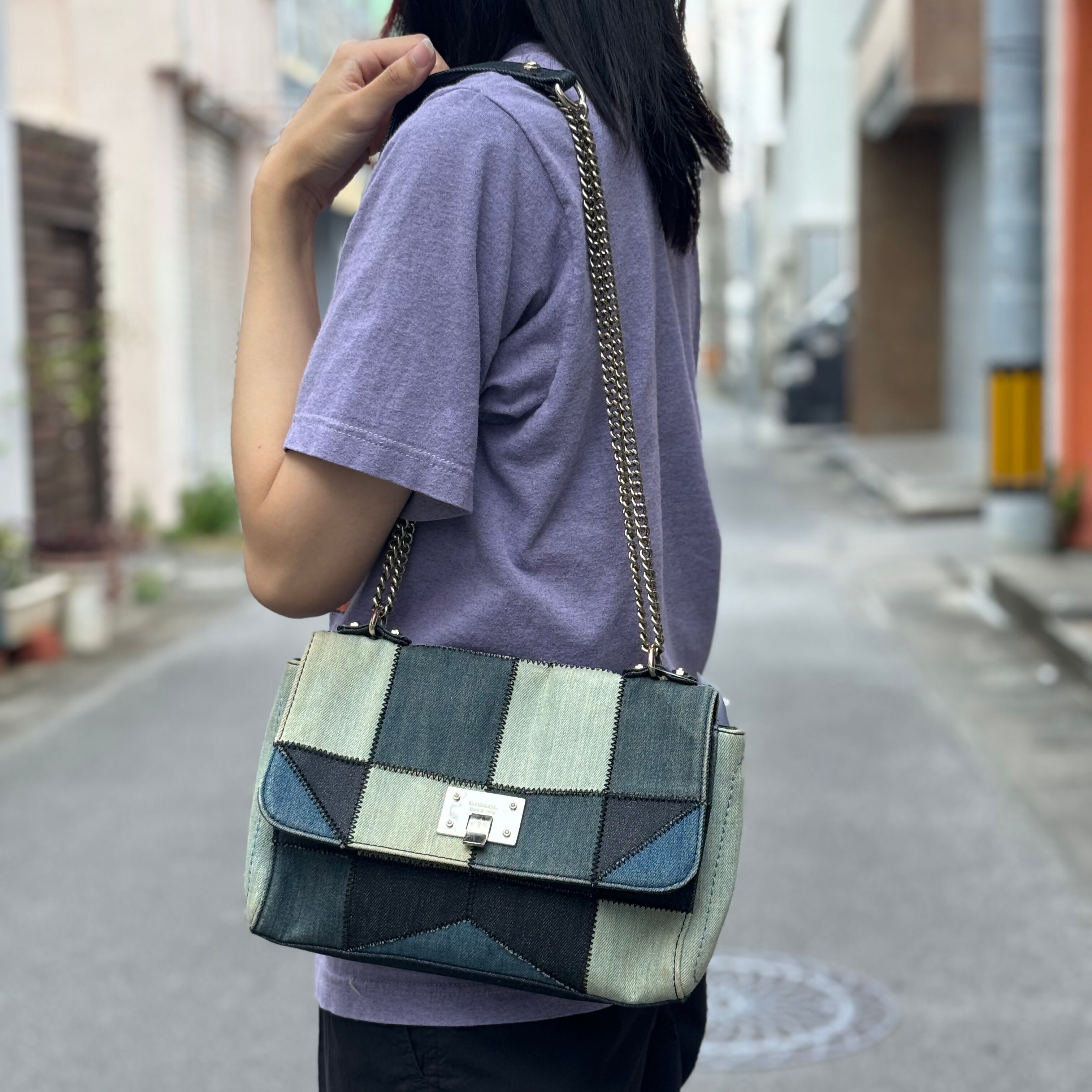 diesel 2way ショルダー バッグ　デニム ディーゼル DIESEL 2way シルバーチェーン デニム ショルダーバッグ