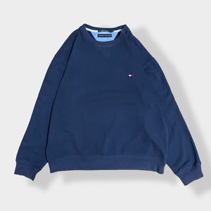 【TOMMY HILFIGER】 刺繍ロゴ ワンポイントロゴ スウェット トレーナー プルオーバー トミーヒルフィガー ネイビー LARGE US古着