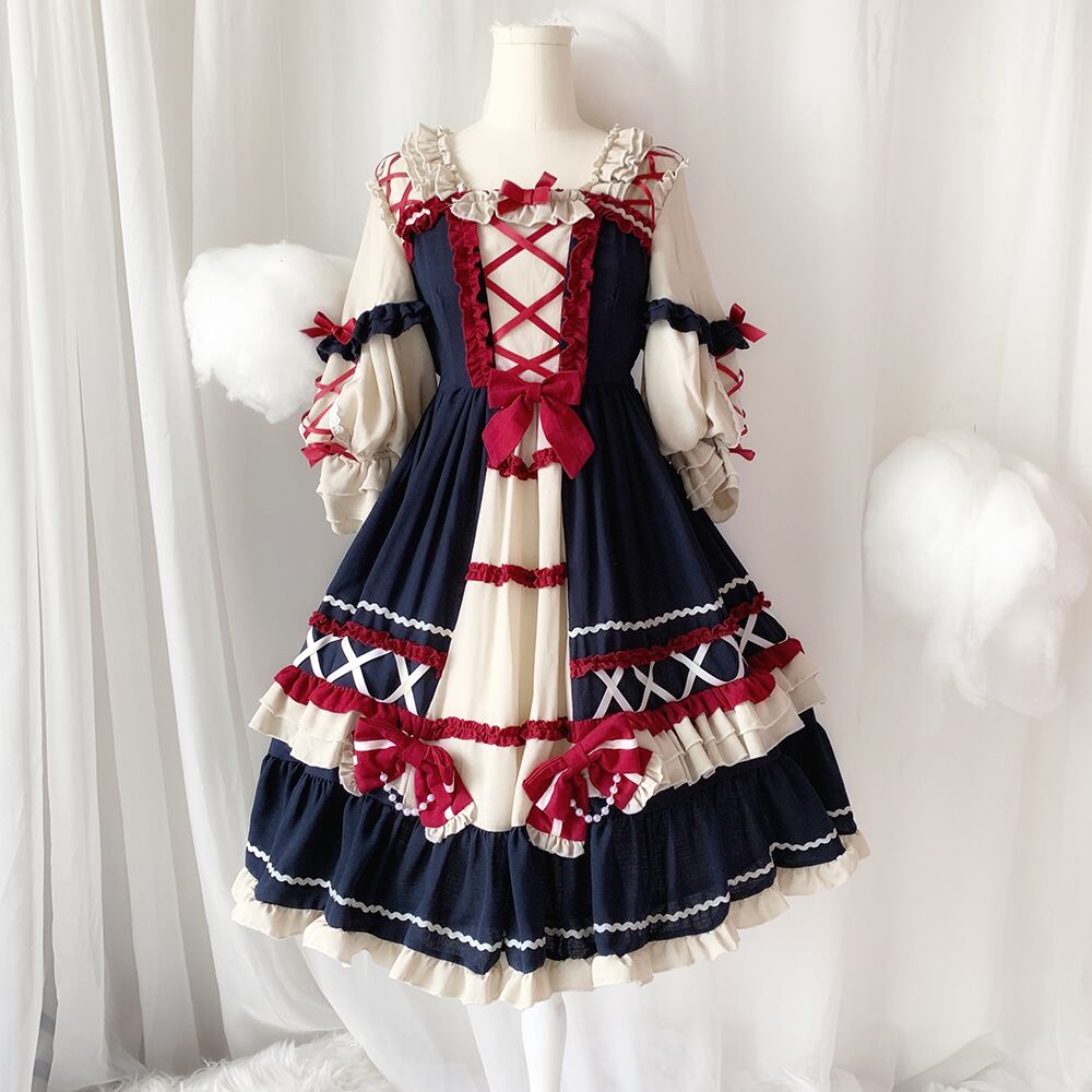 ロリータ】ボリュームドレス フリル編み上げリボン ワンピース | ANY BLACK