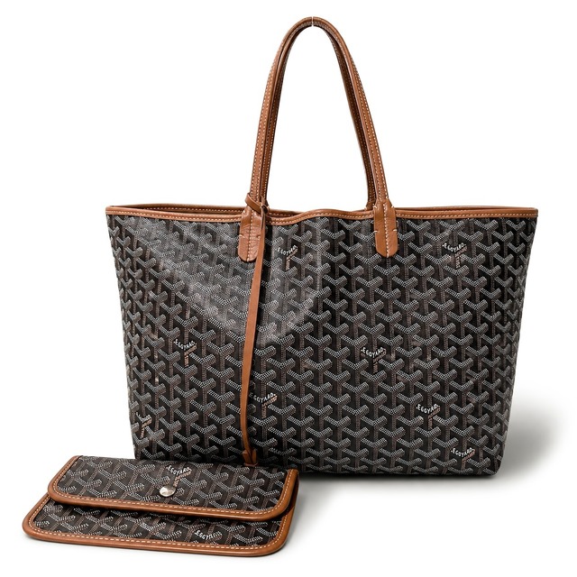 Rare ◇ GOYARD Saint-Louis PM Tote Bag, Herringbone Print, Pouch, Brown Dine Canvas, Unisex