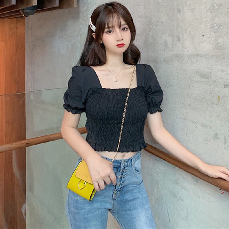 2020年夏新バージョンのシックなバージョンのスクエアカラーの伸縮性のあるシンナートップの女性のニッチなヴィンテージ半袖Tシャツ YY-ファッション62766459698