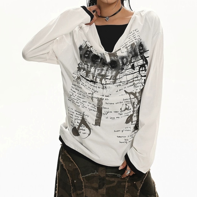 ノイズプリントフェイクレイヤードドレープTシャツ 2col R02550