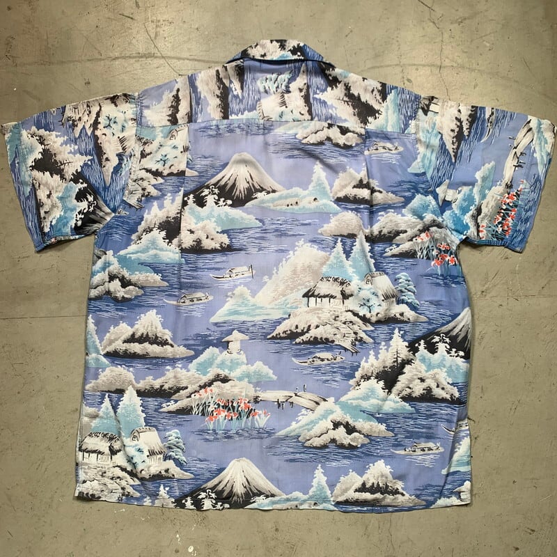 60's PENNEY'S ぺニーズ レーヨン和柄アロハシャツ ハワイアンシャツ 富士山 渡り舟 石灯籠 ブルー JCPenney ストアブランド  MEDIUM 日本製 希少 ヴィンテージ BA-1463 RM1882H | agito vintage powered by BASE