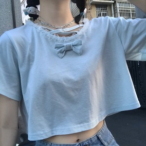 トップス Tシャツ カットソー 袖あり 半袖 ショート丈 ラウンドネック クロスストラップ チュール フリル リボン レース 切り替え 夢かわいい 伸縮性 きれいめ シンプル カジュアル クラシカル 大人 おしゃれ お洒落 大人可愛い 大人女子 こなれ感  無地 春 夏 10代 20代 30代 40代 レディース 女性用 オフィス OL 通勤 学生 通学 デート お出かけ お泊まり 休日 アウトドア 旅行 着回し 普段使い ワンサイズ ブルー