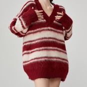 レッドボーダーVネックニット H0054