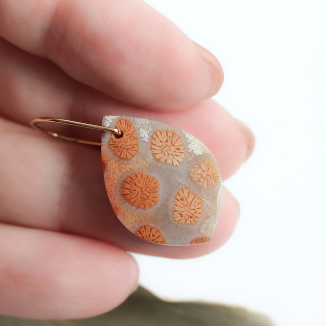 時間を纏う・花模様の天然石ピアス｜フォッシルコーラル 菊目石 ピンク グレージュ 一点もの 14kgf 大人 シンプル 金属アレルギー対応
