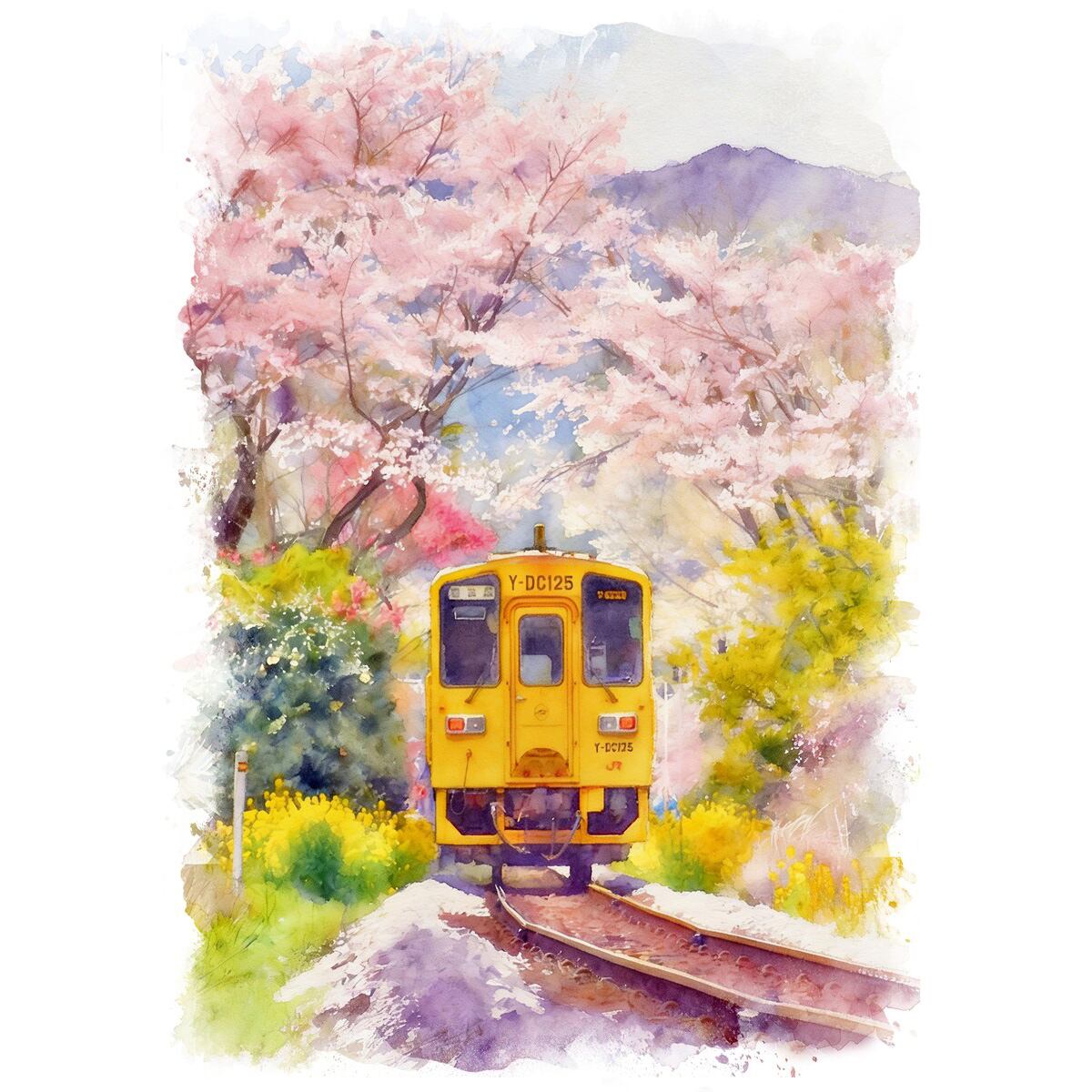 絵画(風景画) 日本の春 福岡県久大本線キハ125形気動車と桜 インテリアアート額付き 水彩画・油絵風 WAT0813