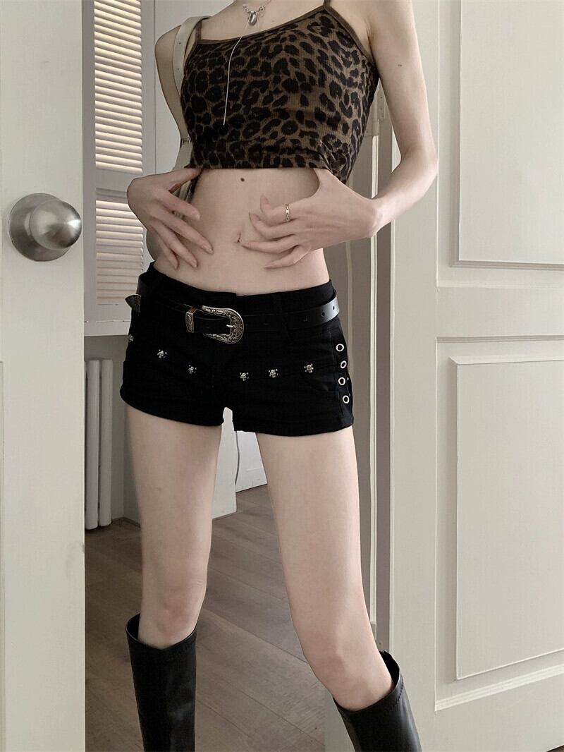 パンチング　黒 ショートパンツ サイズ0 黒の弾性ローウエストデニムショートパンツの女性の夏のパンツ小