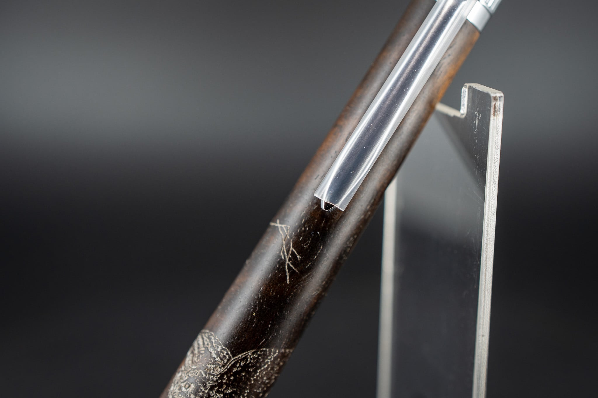 【魅惑の黒い紋様】黒柿 縮杢 拭き漆 沈金 silver BP 小原古邨 有明月にみみずく