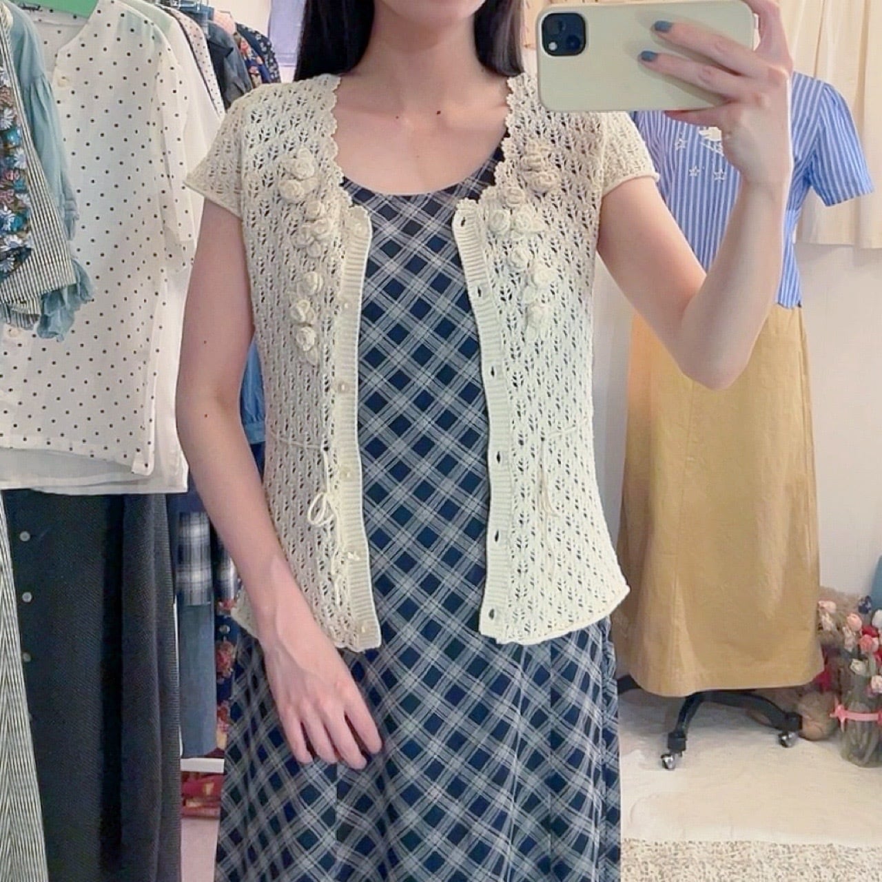 flower motif crochet knit cardigan
