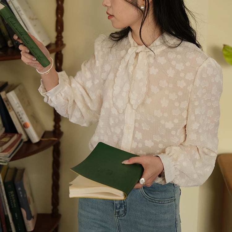 フラワーモチーフ リボンタイ ロングスリーブシフォンブラウス 00470