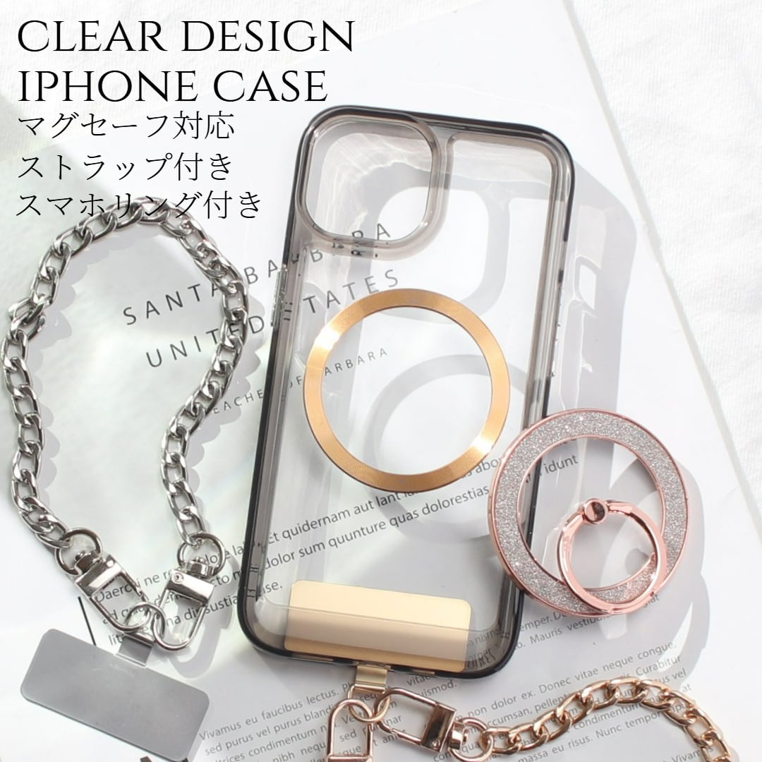 iphone ケース クリア リング付き iphone16 iphone15 iphone14 13 12 mini チェーン ストラップ magsafe マグセーフ マグネット アイフォン 16 15 14 SE 11 ショート ストラップ付き 16pro 15pro 14pro リング スタンド 13mini se3 se2 大人可愛い ラメ メタリック 送料無料
